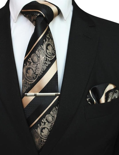 Mens Floral Tie Handkerchief Yellow Striped Necktie Pocket Square Clip Wedding Accessories