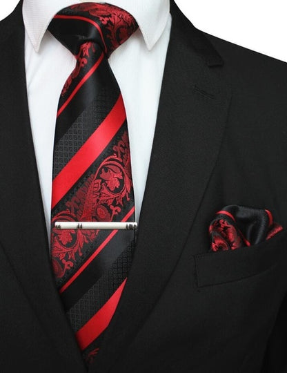 Mens Floral Tie Handkerchief Yellow Striped Necktie Pocket Square Clip Wedding Accessories