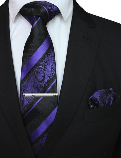 Mens Floral Tie Handkerchief Yellow Striped Necktie Pocket Square Clip Wedding Accessories