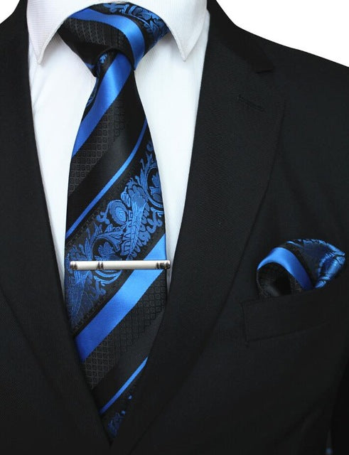 Mens Floral Tie Handkerchief Yellow Striped Necktie Pocket Square Clip Wedding Accessories