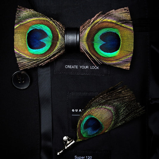 Peacock Feather Brooch Set Bowtie Gift