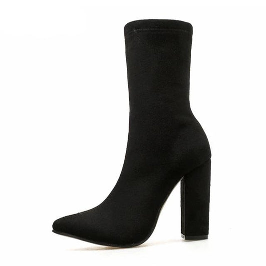 Womens Black Flock Ankle Boots Pointed Toe Heel With Zipper