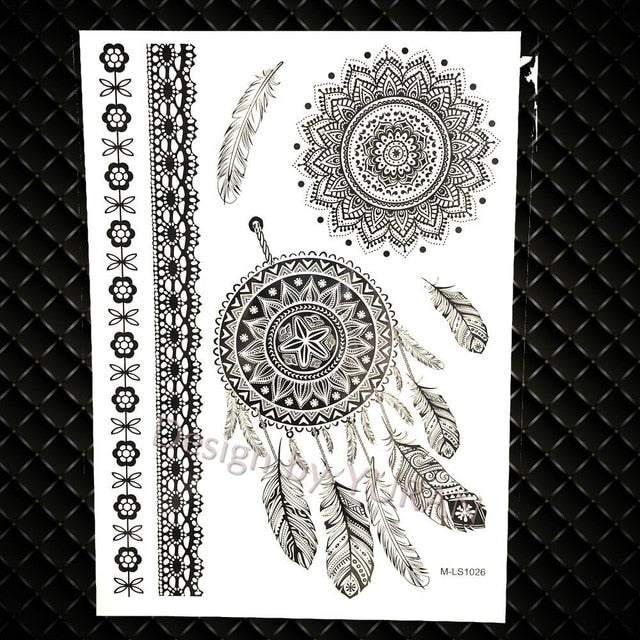 Black Feather Mandala Flower Temporary Tattoos