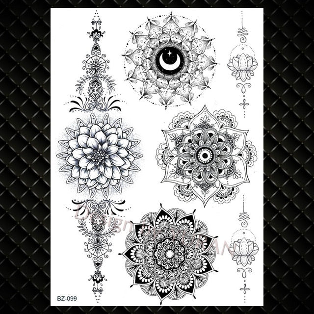 Black Feather Mandala Flower Temporary Tattoos