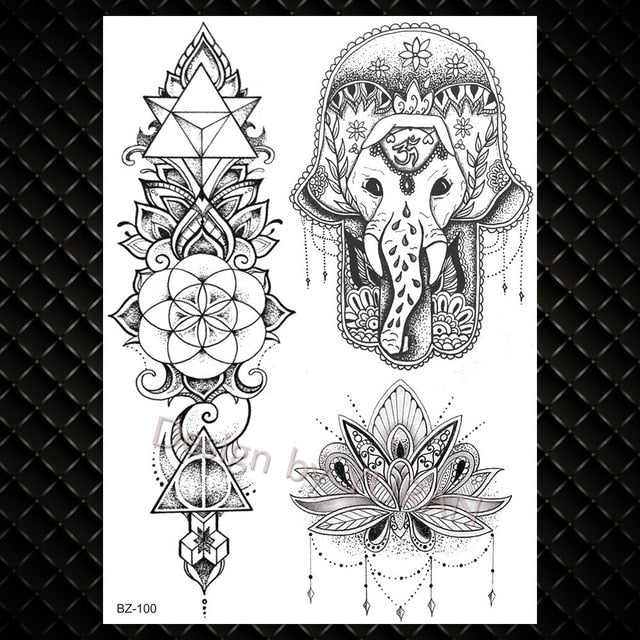 Black Feather Mandala Flower Temporary Tattoos