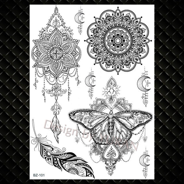 Black Feather Mandala Flower Temporary Tattoos