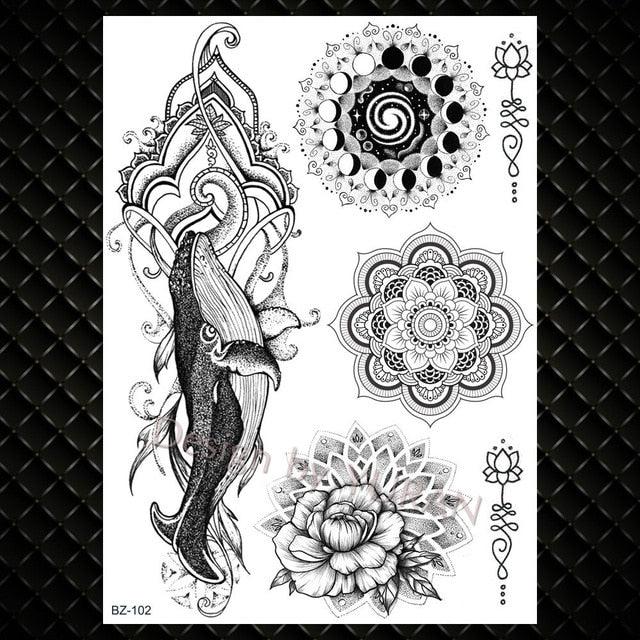 Black Feather Mandala Flower Temporary Tattoos