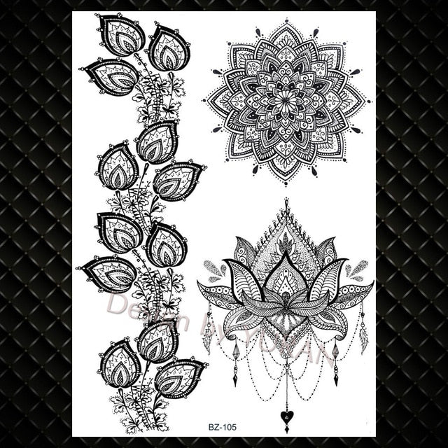 Black Feather Mandala Flower Temporary Tattoos