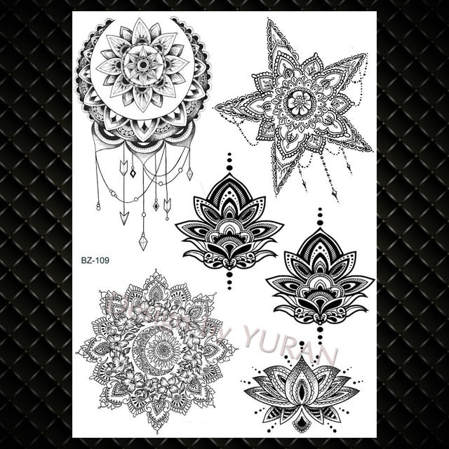 Black Feather Mandala Flower Temporary Tattoos