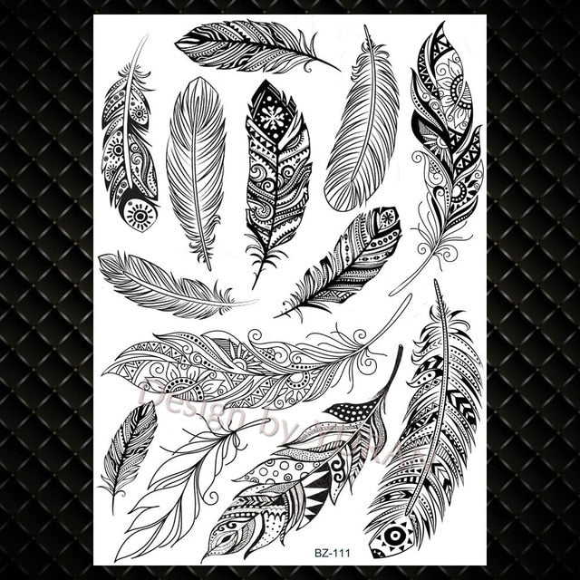 Black Feather Mandala Flower Temporary Tattoos