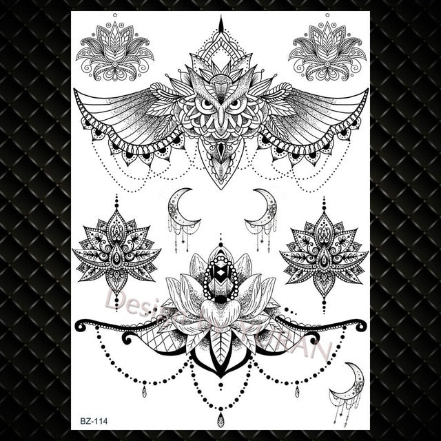 Black Feather Mandala Flower Temporary Tattoos