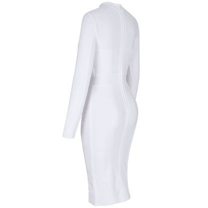 Womens White Dress High Neck Long Sleeve Party Rayon Bandage Midi Dress