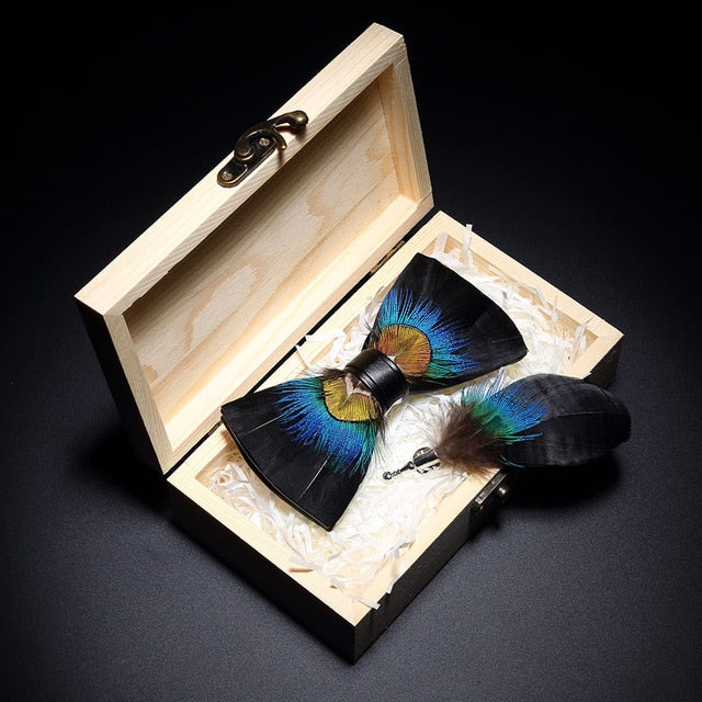 Peacock Feather Leather Bowtie Brooch Gift Set