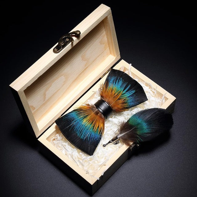 Peacock Feather Leather Bowtie Brooch Gift Set