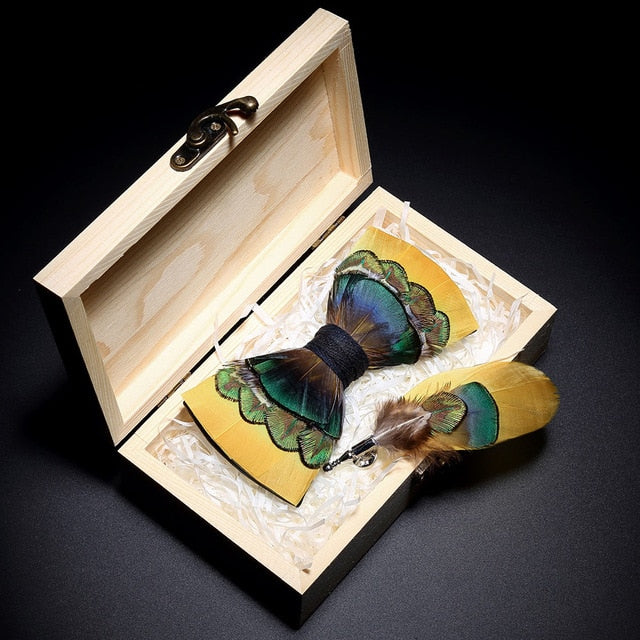 Peacock Feather Leather Bowtie Brooch Gift Set