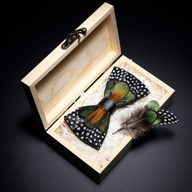 Peacock Feather Leather Bowtie Brooch Gift Set