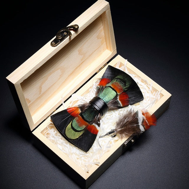 Peacock Feather Leather Bowtie Brooch Gift Set