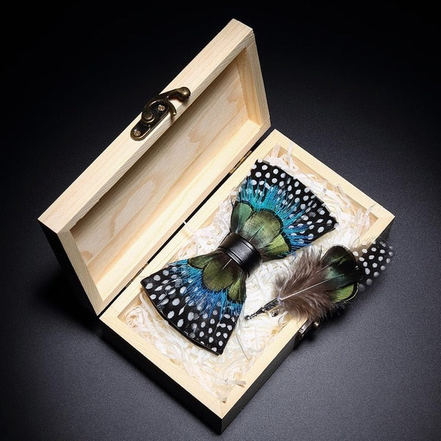 Peacock Feather Leather Bowtie Brooch Gift Set