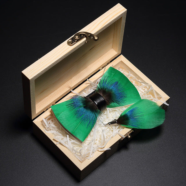 Peacock Feather Leather Bowtie Brooch Gift Set