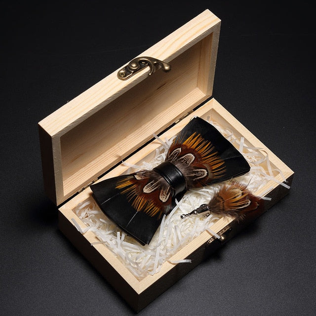 Peacock Feather Leather Bowtie Brooch Gift Set