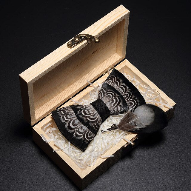 Peacock Feather Leather Bowtie Brooch Gift Set