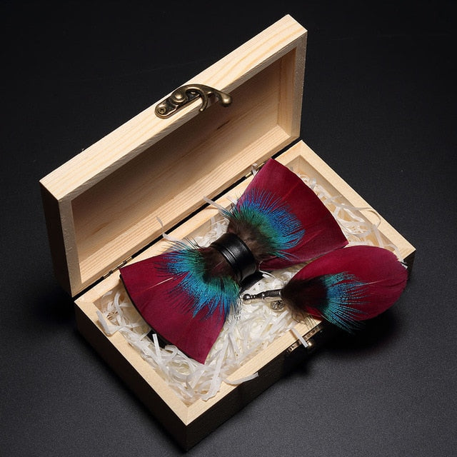 Peacock Feather Leather Bowtie Brooch Gift Set