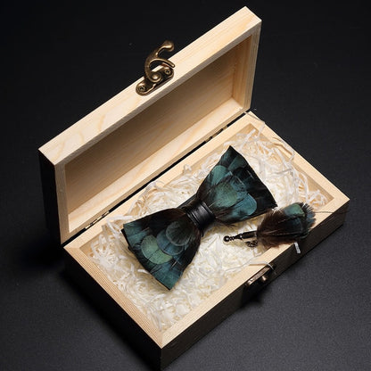 Peacock Feather Leather Bowtie Brooch Gift Set