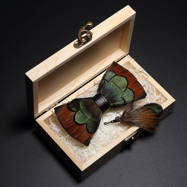 Peacock Feather Leather Bowtie Brooch Gift Set