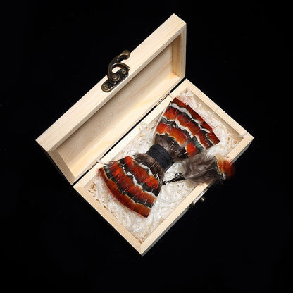 Peacock Feather Leather Bowtie Brooch Gift Set