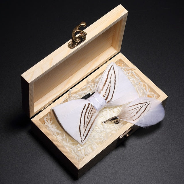 Peacock Feather Leather Bowtie Brooch Gift Set