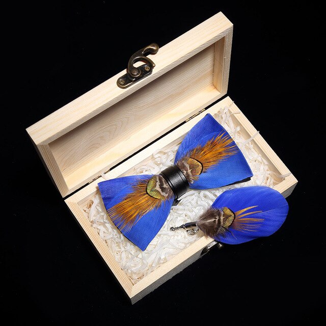 Peacock Feather Leather Bowtie Brooch Gift Set