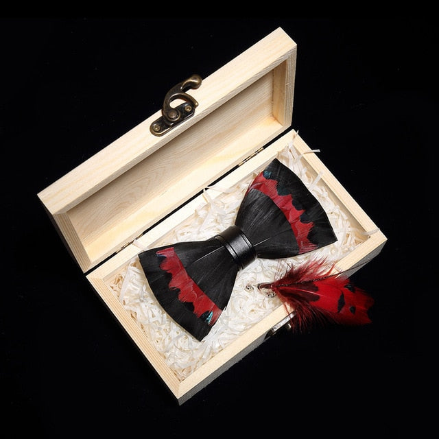 Peacock Feather Leather Bowtie Brooch Gift Set