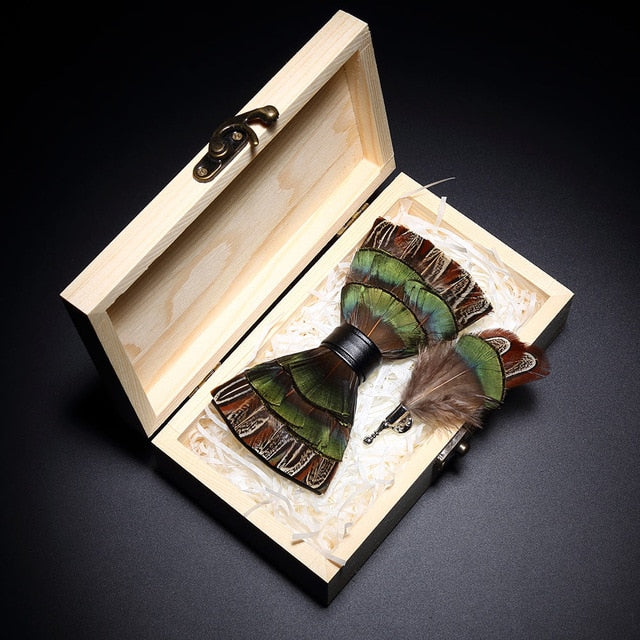 Peacock Feather Leather Bowtie Brooch Gift Set