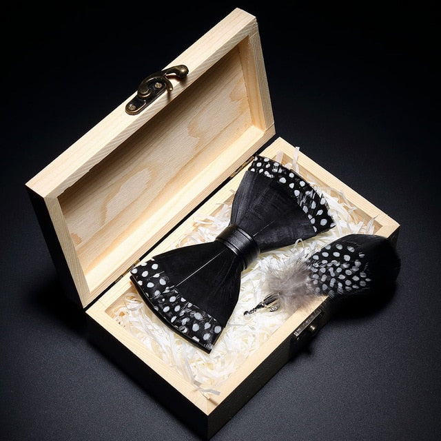 Peacock Feather Leather Bowtie Brooch Gift Set