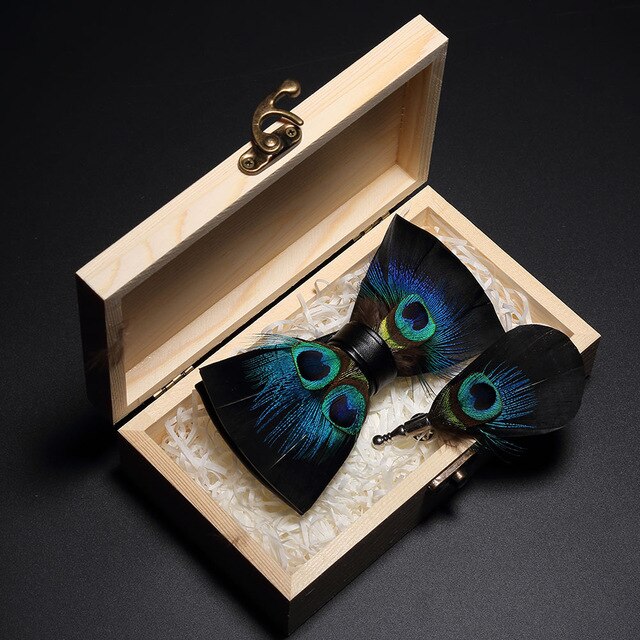 Peacock Feather Leather Bowtie Brooch Gift Set