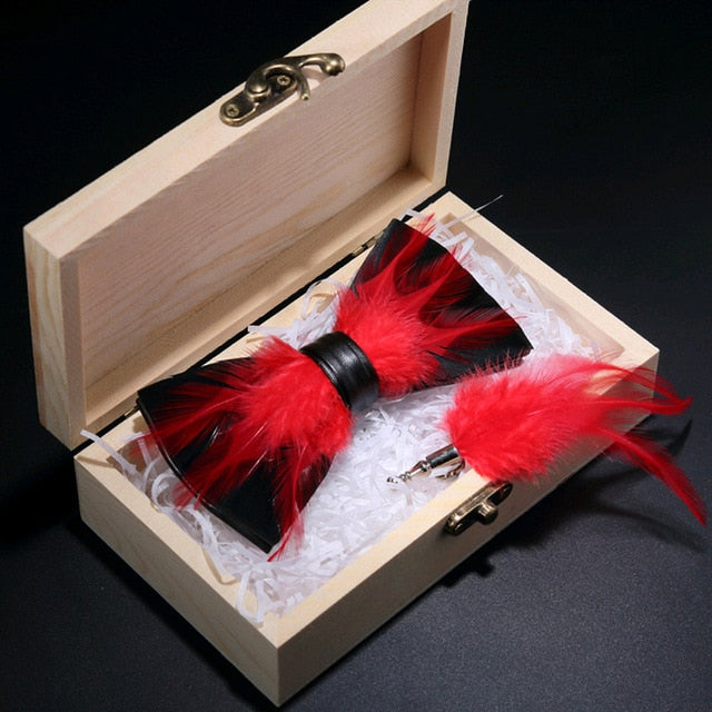 Peacock Feather Leather Bowtie Brooch Gift Set