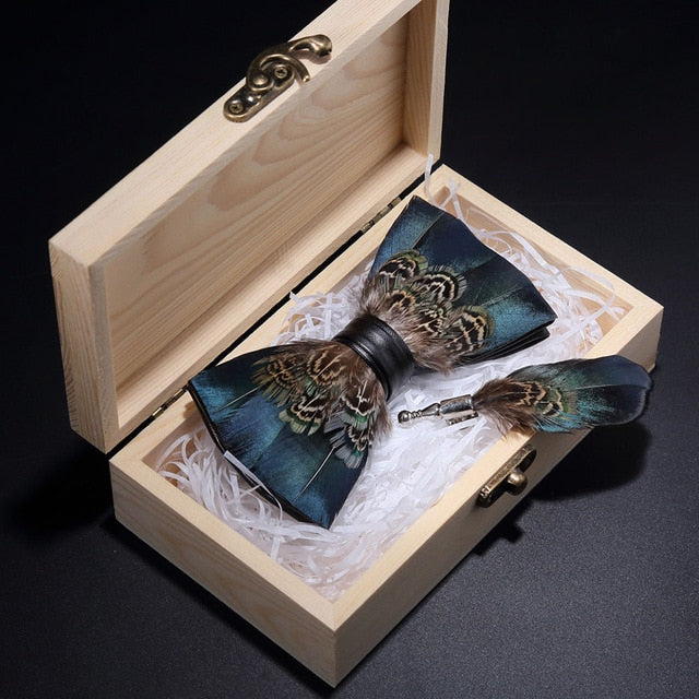 Peacock Feather Leather Bowtie Brooch Gift Set