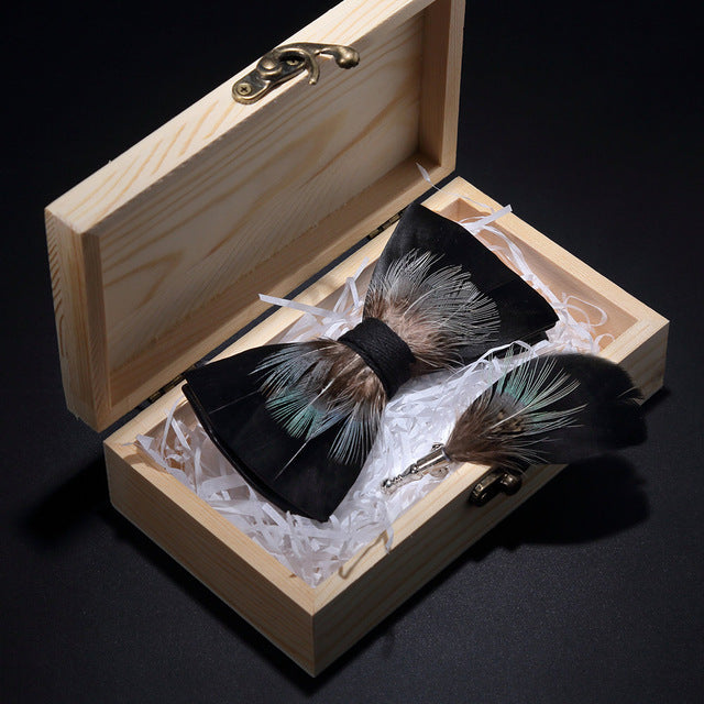 Peacock Feather Leather Bowtie Brooch Gift Set