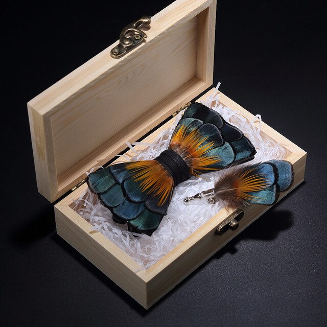 Peacock Feather Leather Bowtie Brooch Gift Set