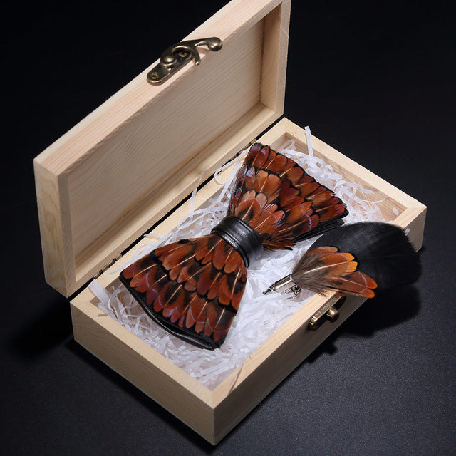 Peacock Feather Leather Bowtie Brooch Gift Set