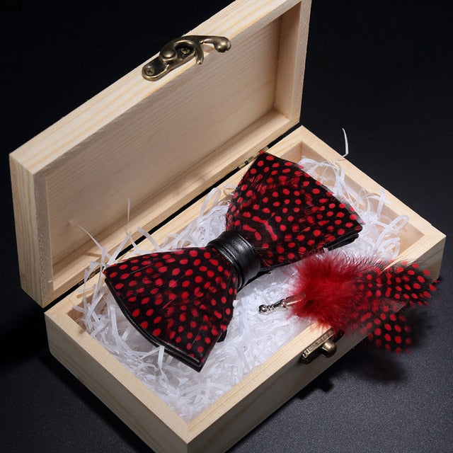 Peacock Feather Leather Bowtie Brooch Gift Set