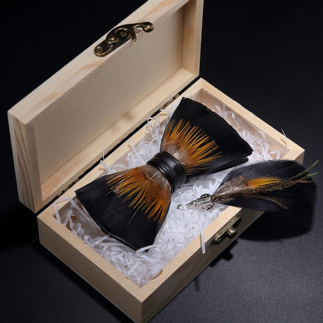 Peacock Feather Leather Bowtie Brooch Gift Set