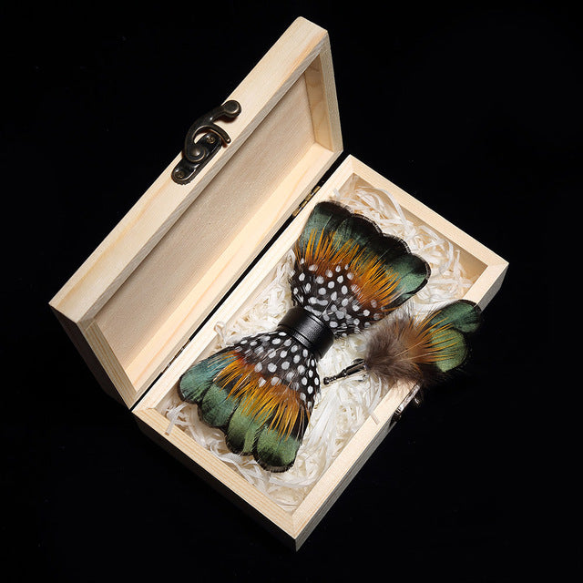 Peacock Feather Leather Bowtie Brooch Gift Set