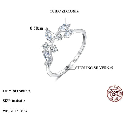 925 Sterling Silver Olive Leaf CZ Stone Ring